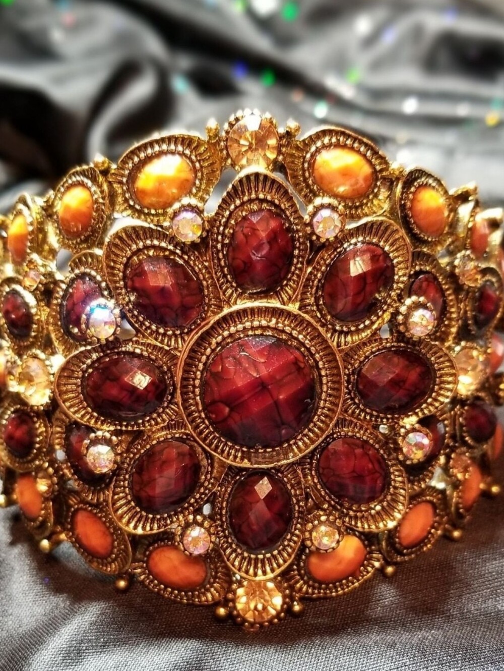 Gold Tone Wide Hinged Cuff Bracelet Brown, Red & Orange Faux Stones Rhinestones